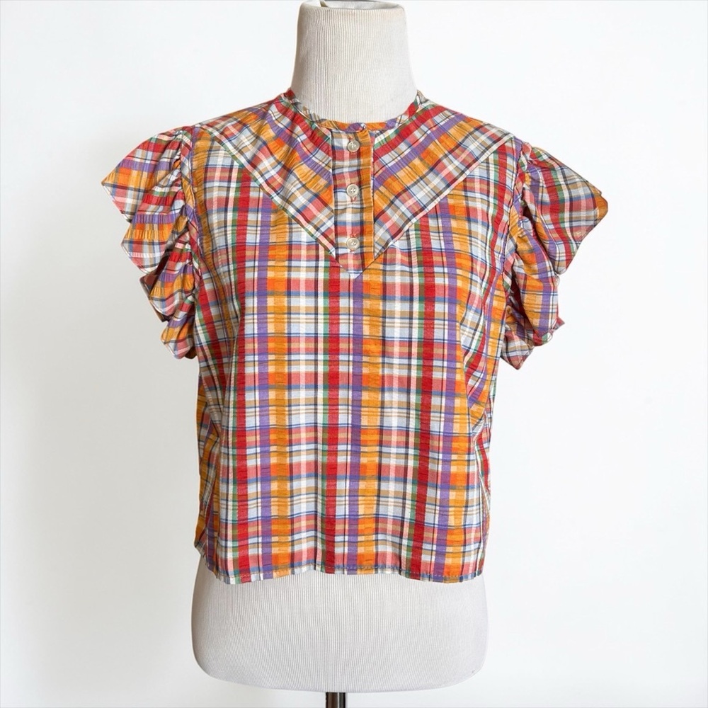 Vintage Plaid Jewel Tone Ruffle Sleeve Crop Top